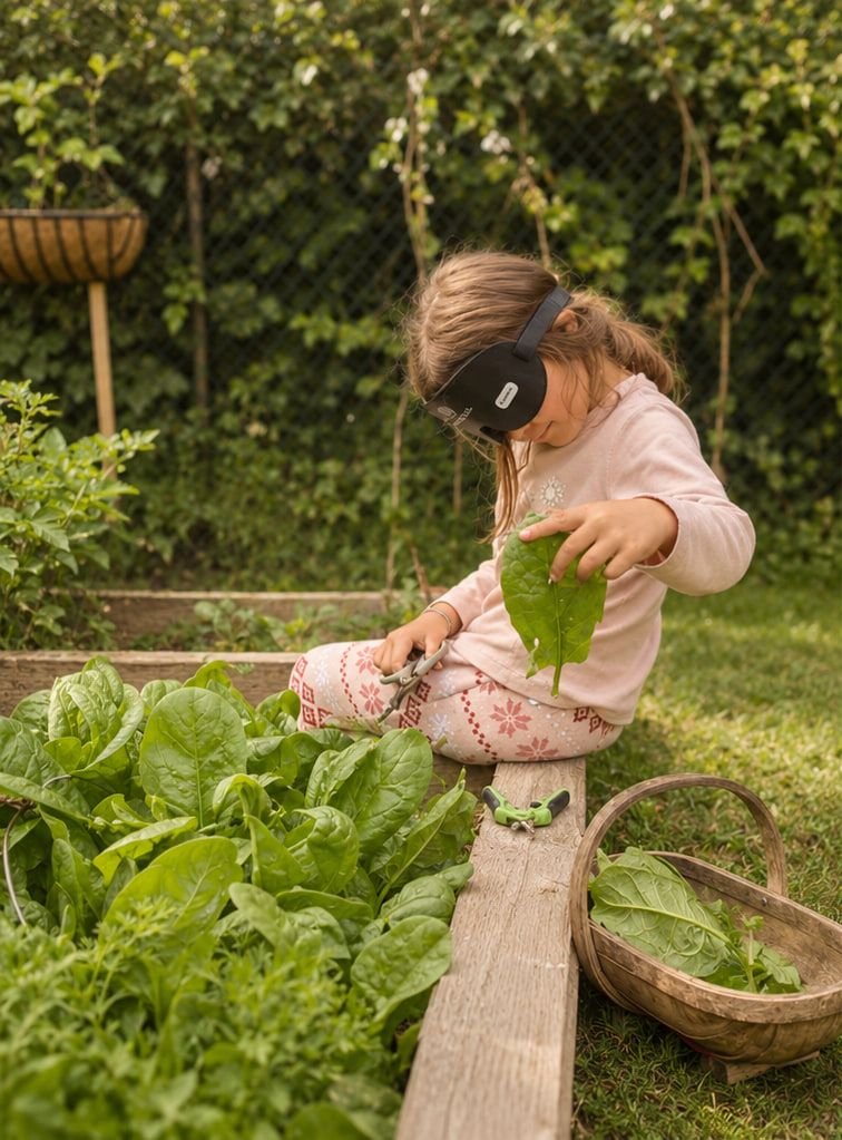 A blindfolded girl kneeling by a raised bed, picking spinach leaves into a wicker trug