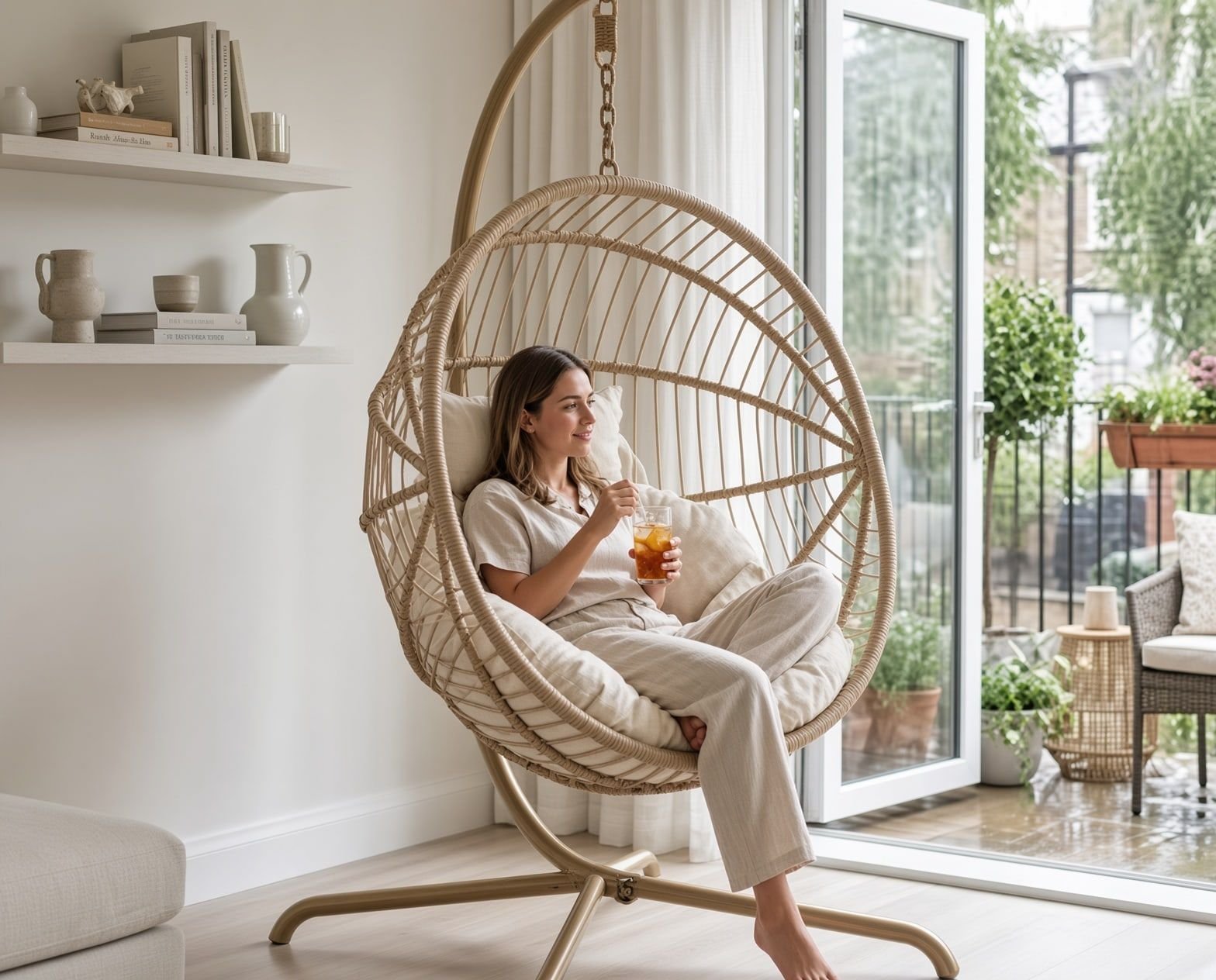 A woman sitting in a rattan hanging chair by a sunlit window, looking out at the garden
