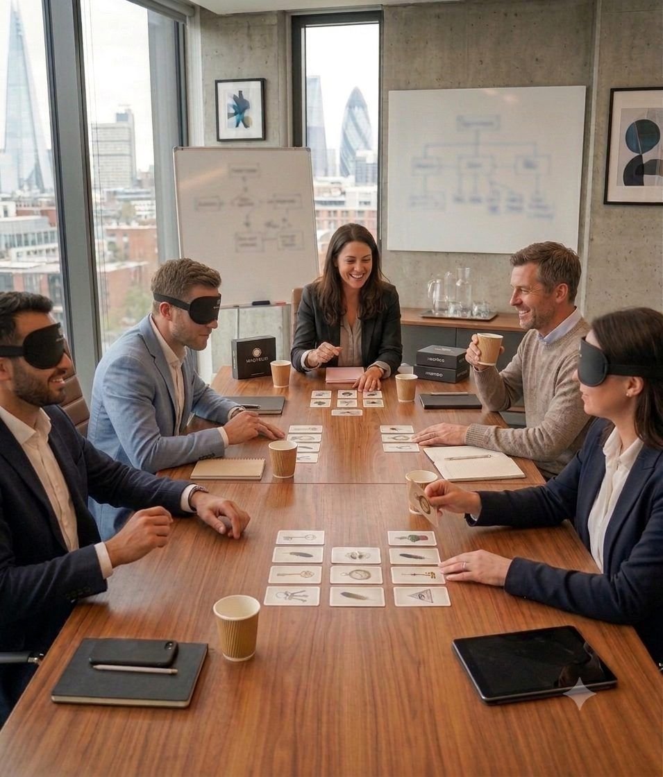 Blindfolded executives reading cards around a boardroom table