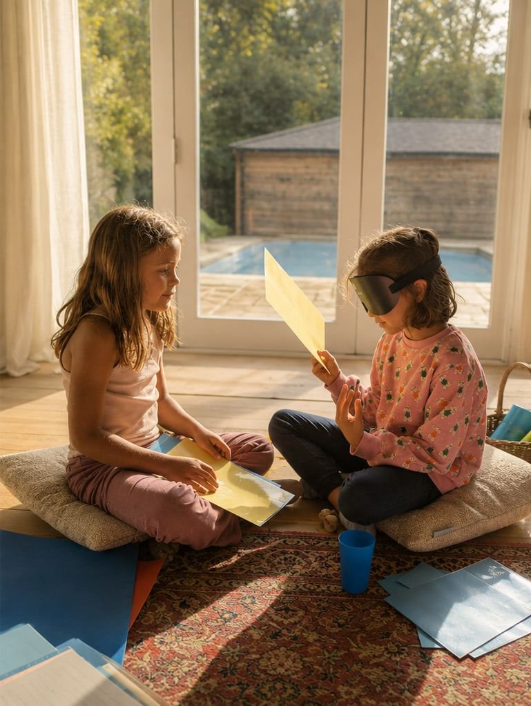 Two girls sitting on cushions on a rug by a sunlit window, one blindfolded holding up a yellow card